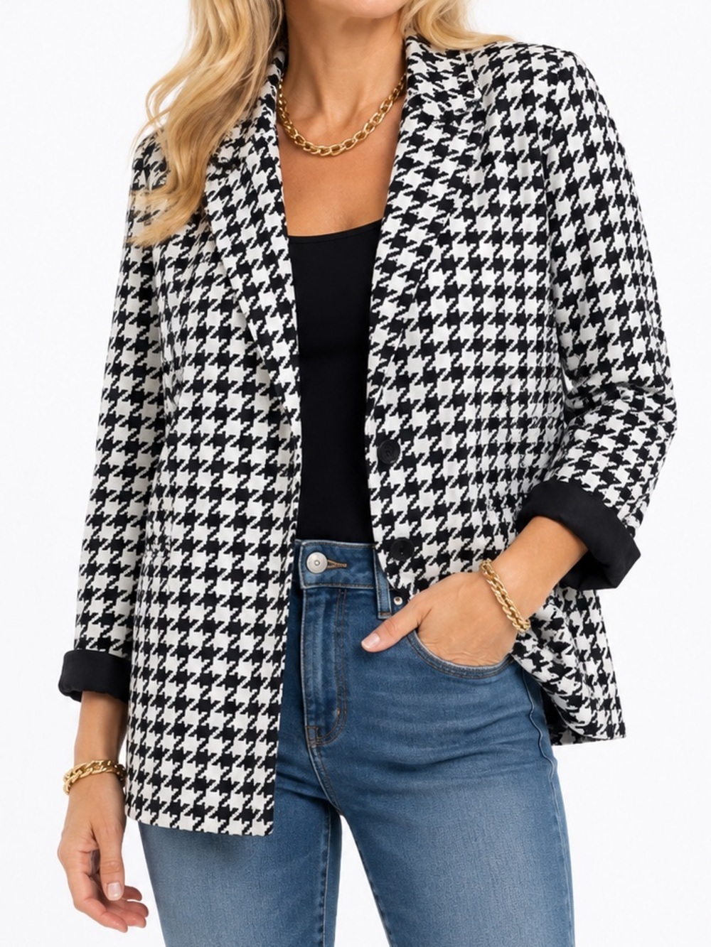 COLDWATER CREEK CLASSIC HOUNDSTOOTH VINTAGE INSPIRED BLAZER SZ 12P EUC